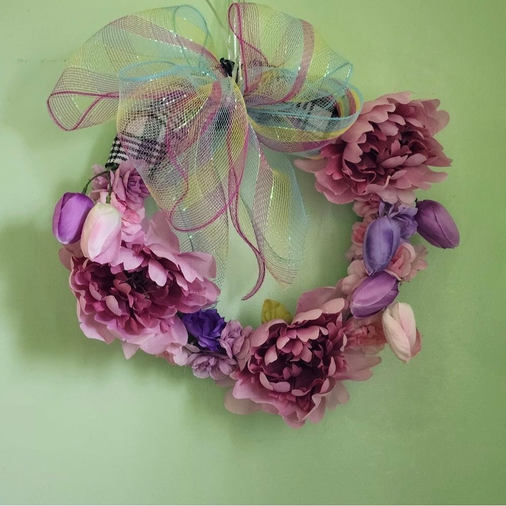 Hand Crafted Pink Peony Tulip Floral Wreath  Spring Door Wall Decoration